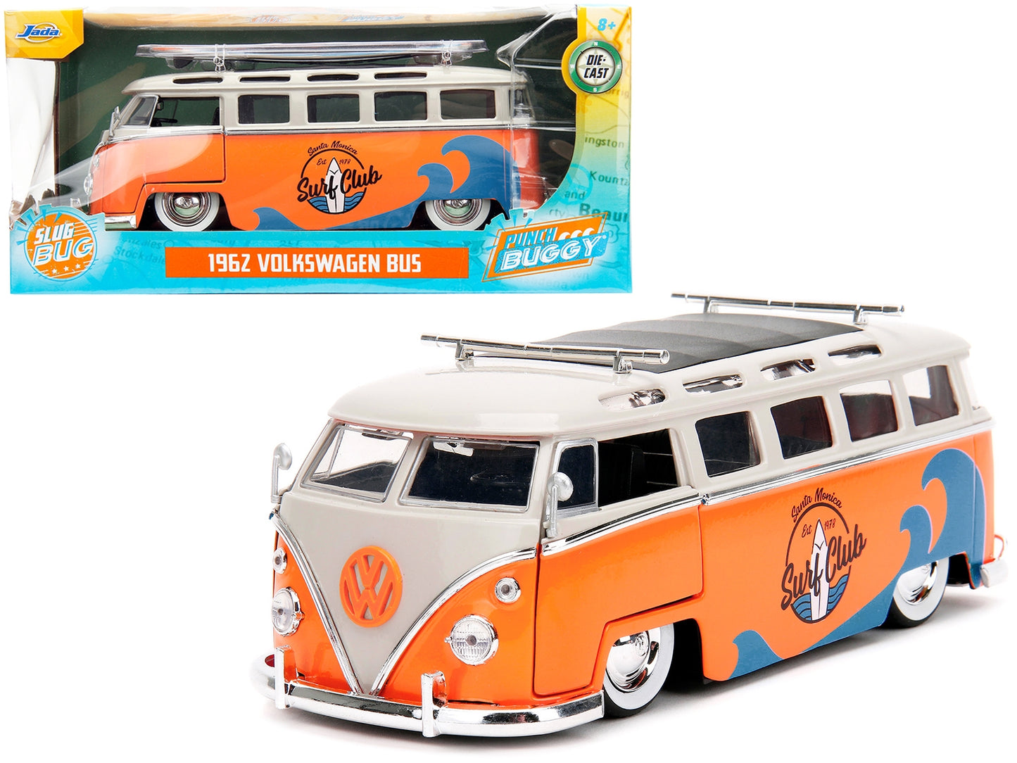 1962 Volkswagen Bus "Santa Monica Surf Club" Orange and White - Premium Volkswagen Models from Jada - Just $59.39! Shop now at Rapidvehicles