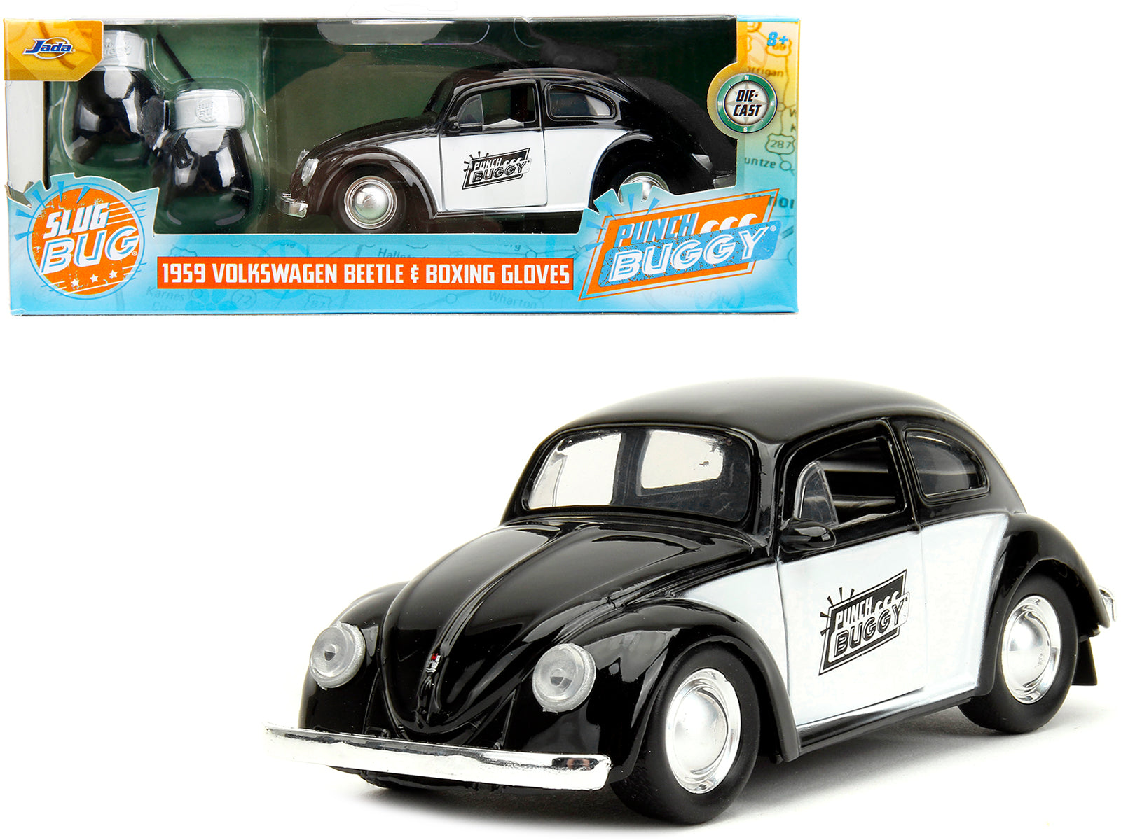 1959 Volkswagen Beetle "Punch Buggy" Black and White and Boxing Gloves Accessory "Punch Buggy" Series 1/32 Diecast Model Car by Jada free shipping USA