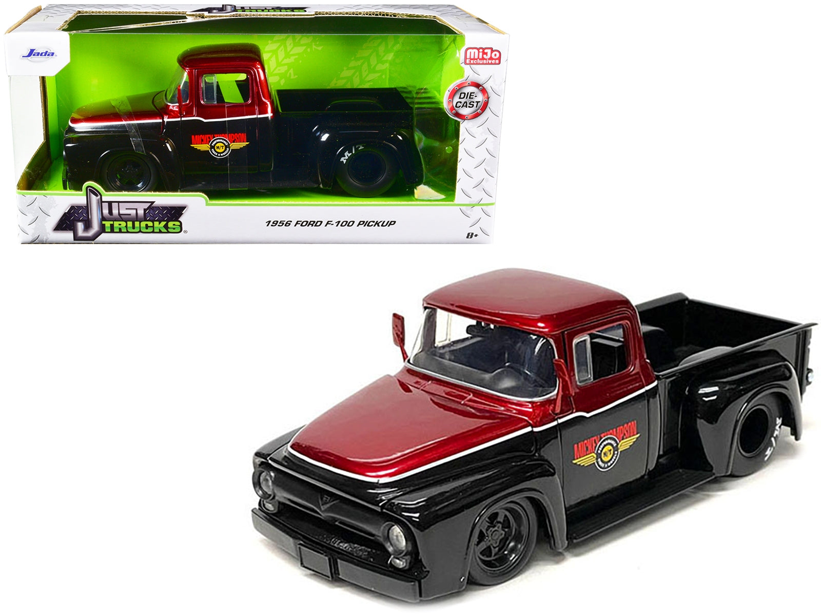 1956 Ford F-100 Pickup Truck "Mickey Thompson Performance Tires & Wheels" Black and Red Metallic "Just Trucks" Series 1/24 Diecast Model Car by Jada - Premium Pickup Trucks Models from Jada - Just $44.99! Shop now at Rapidvehicles