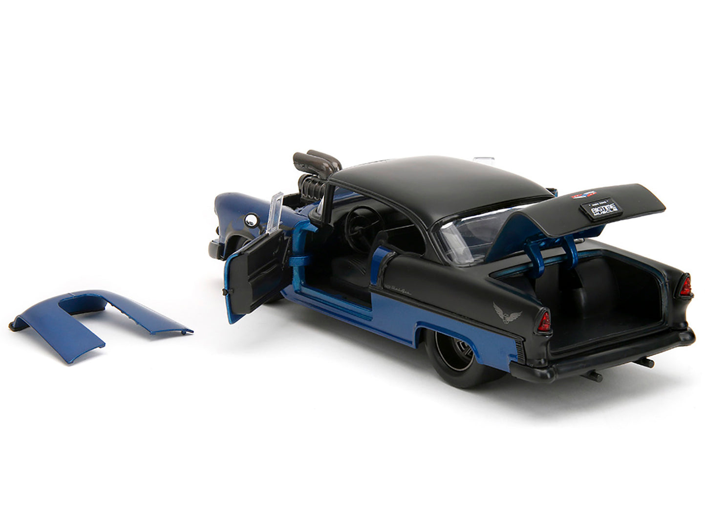 1955 Chevrolet Bel Air Blue Metallic and Black with Black Flames