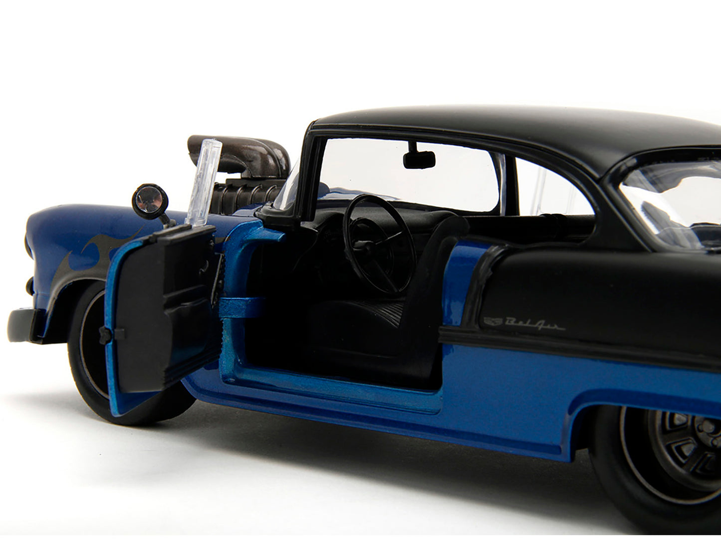 1955 Chevrolet Bel Air Blue Metallic and Black with Black Flames