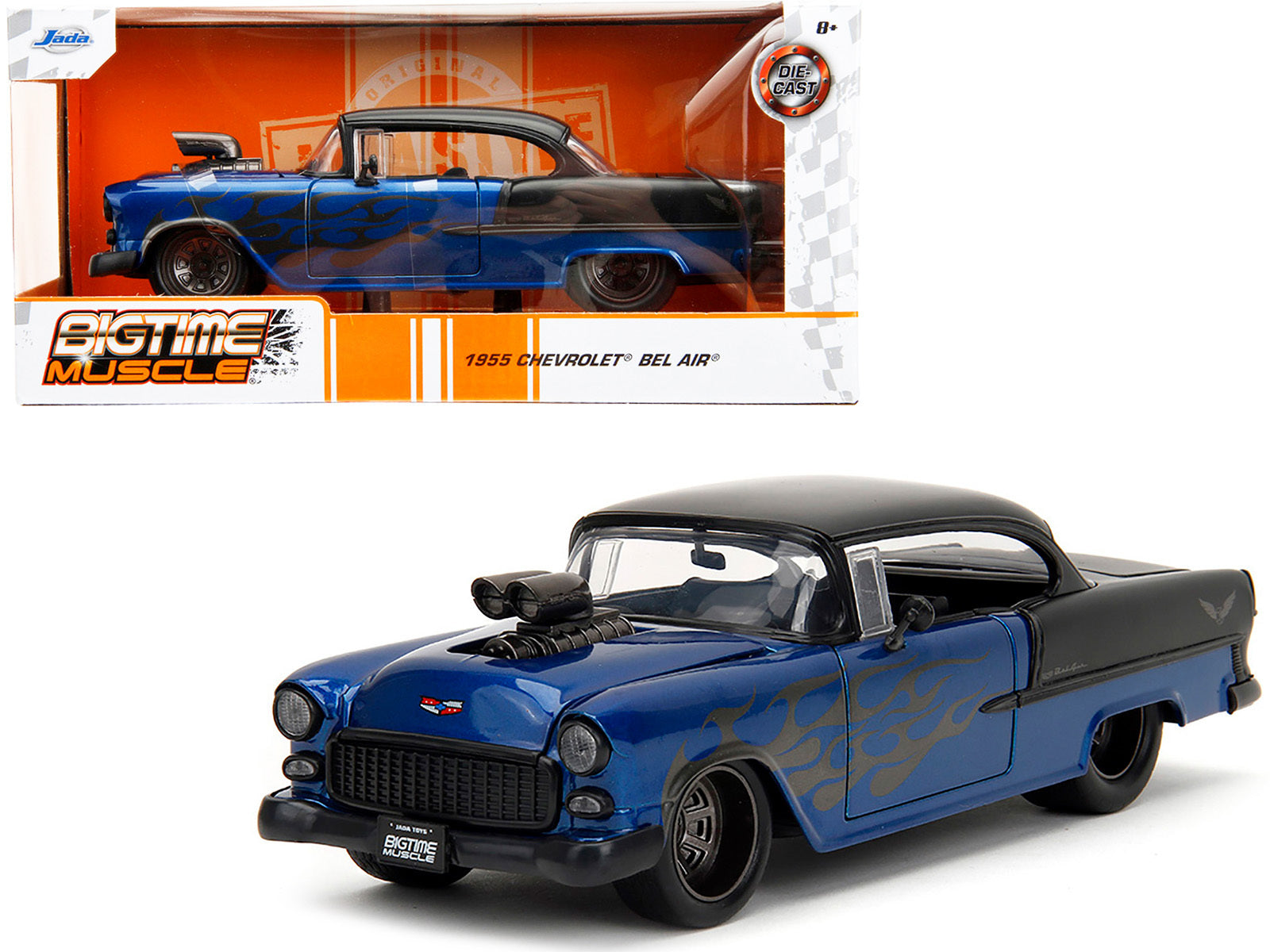 1955 Chevrolet Bel Air Blue Metallic and Black with Black Flames "Bigtime Muscle" Series 1/24 Diecast Model Car by Jada