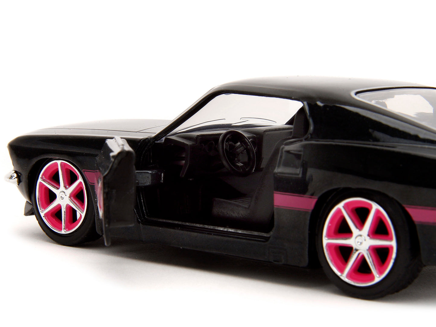 1969 Ford Mustang Black Metallic with Pink Stripes and Wheels - Premium Mustang Models from Jada - Just $29.69! Shop now at Rapidvehicles