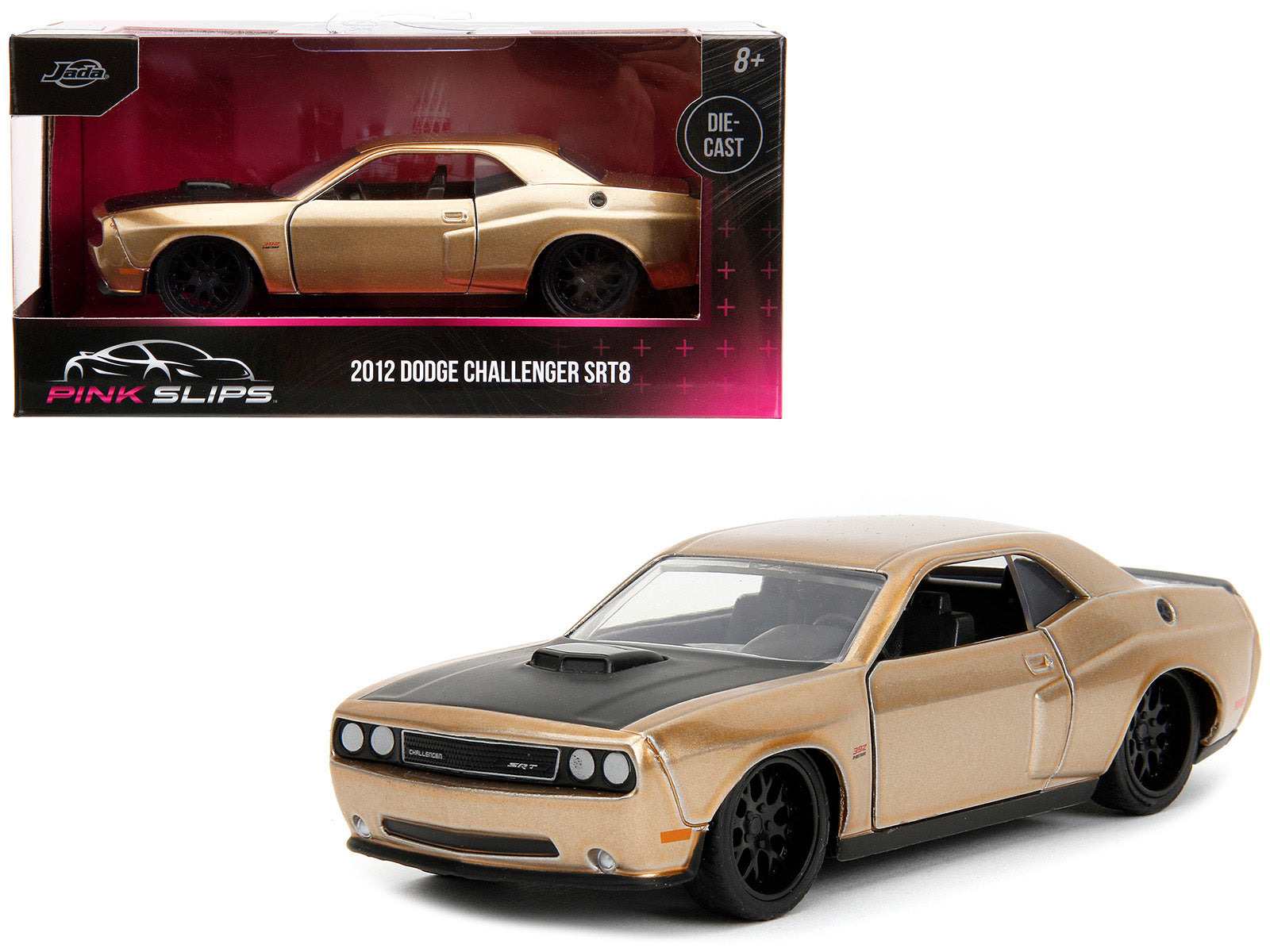 2012 Dodge Challenger SRT8 Gold Metallic with Black Hood "Pink Slips" Series 1/32 Diecast Model Car by Jada free shipping USA