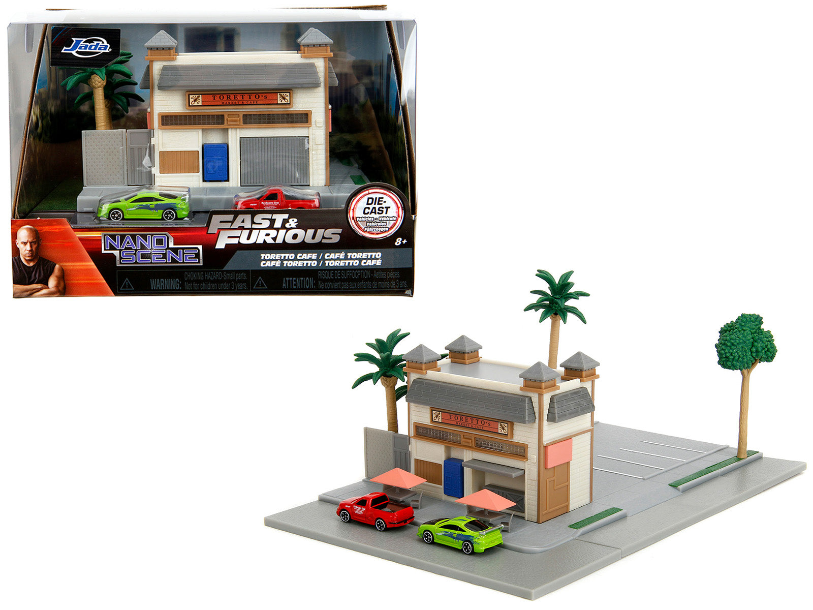 Toretto Cafe Diorama with Mitsubishi Eclipse Green and Ford F-150 SVT Lightning Red "Fast and Furious" "Nano Scene" Series Model by Jada free shipping USA