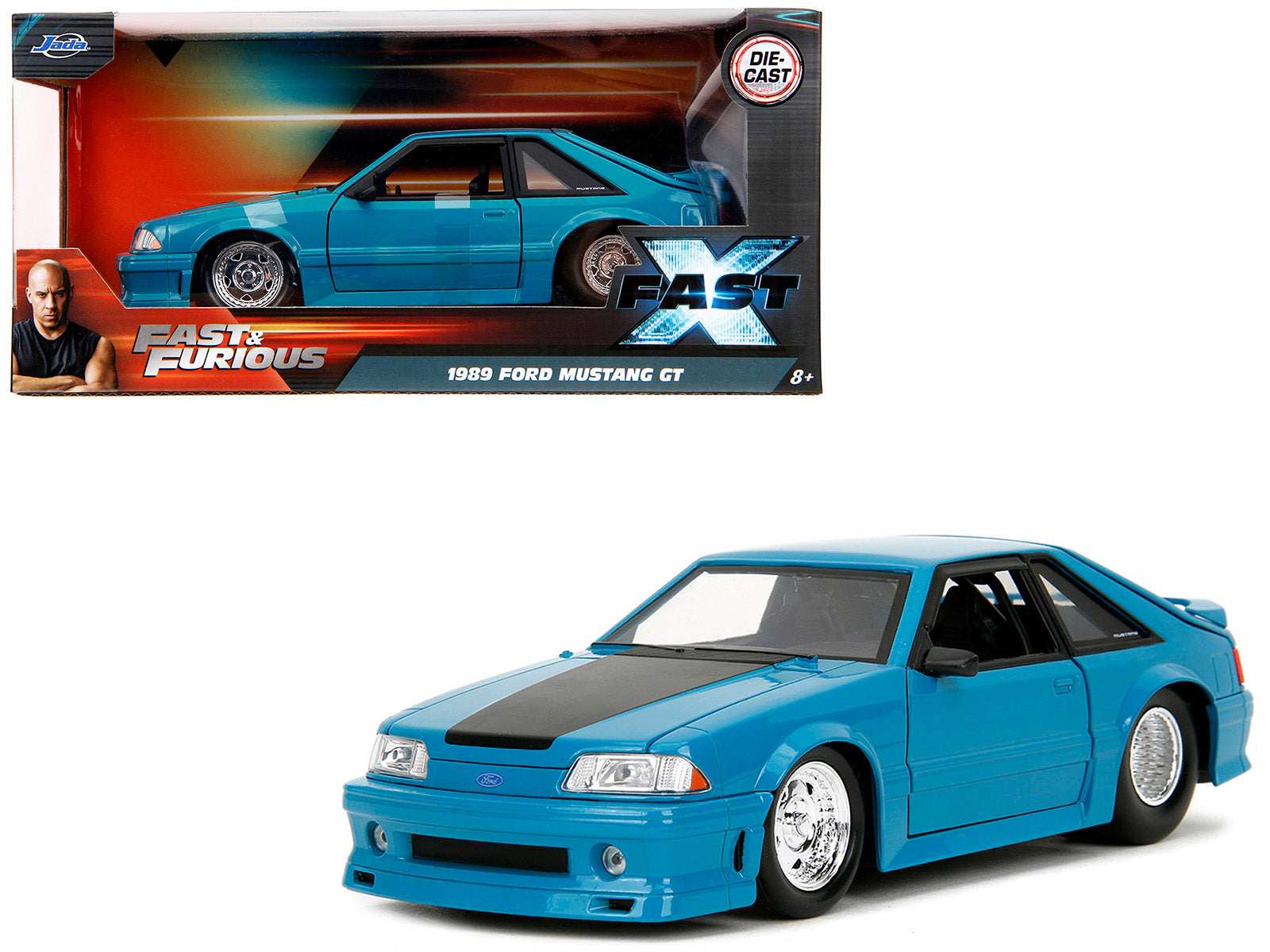 1989 Ford Mustang GT Blue with Black Hood Stripes "Fast & Furious" Series 1/24 Diecast Model Car by Jada free shipping USA