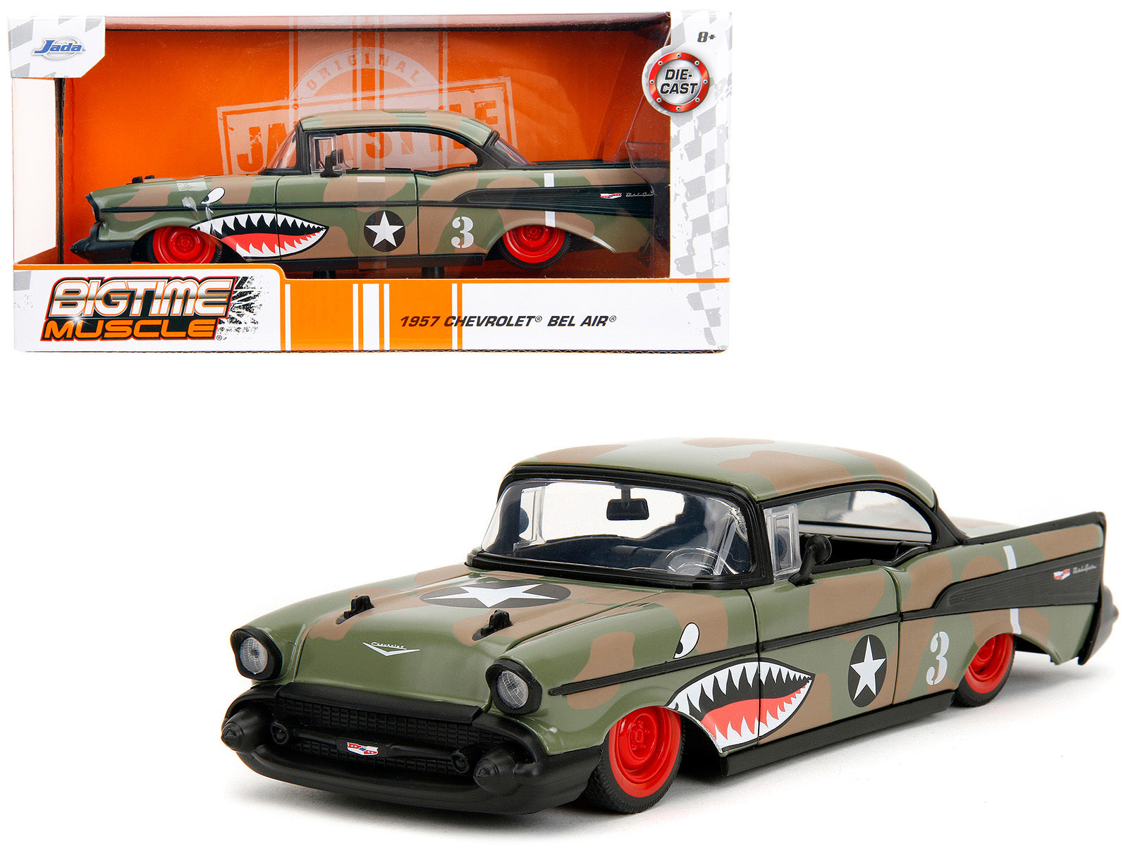 1957 Chevrolet Bel Air #3 Camouflage with Shark Mouth Graphics "Bigtime Muscle" Series 1/24 Diecast Model Car by Jada