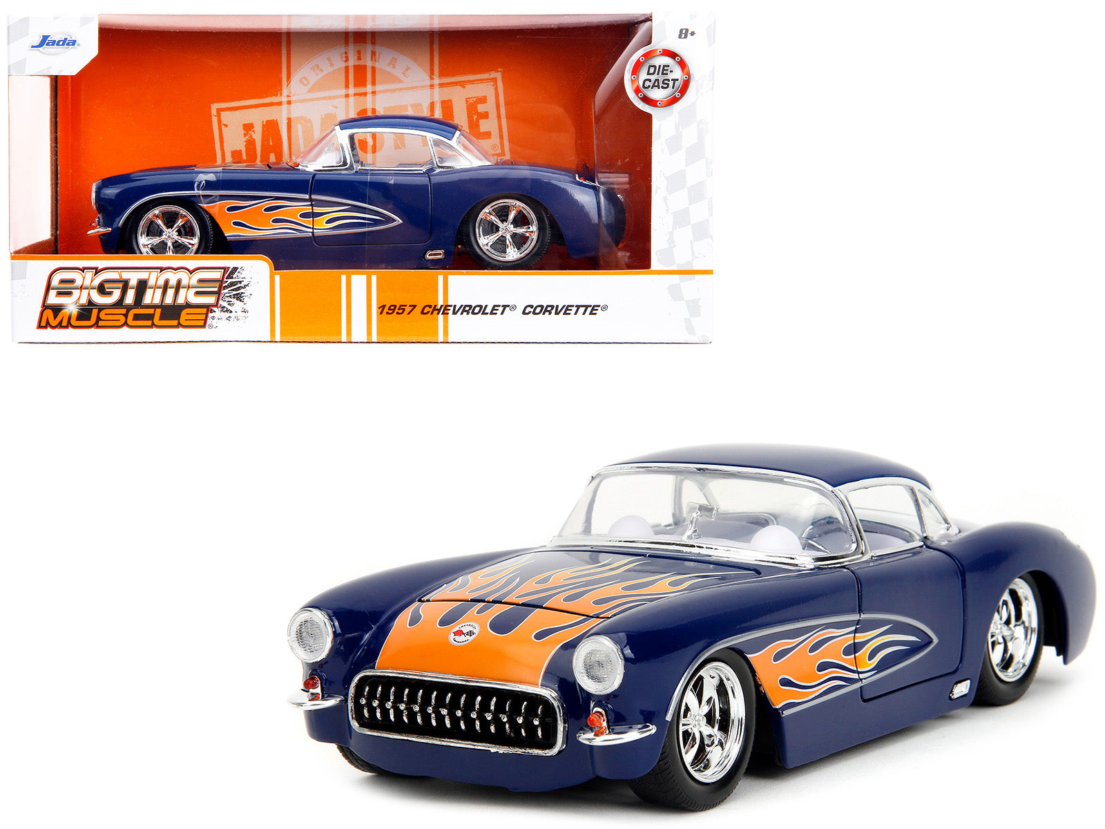 1957 Chevrolet Corvette Dark Blue with Flame Graphics and White Interior "Bigtime Muscle" Series 1/24 Diecast Model Car by Jada free shipping USA