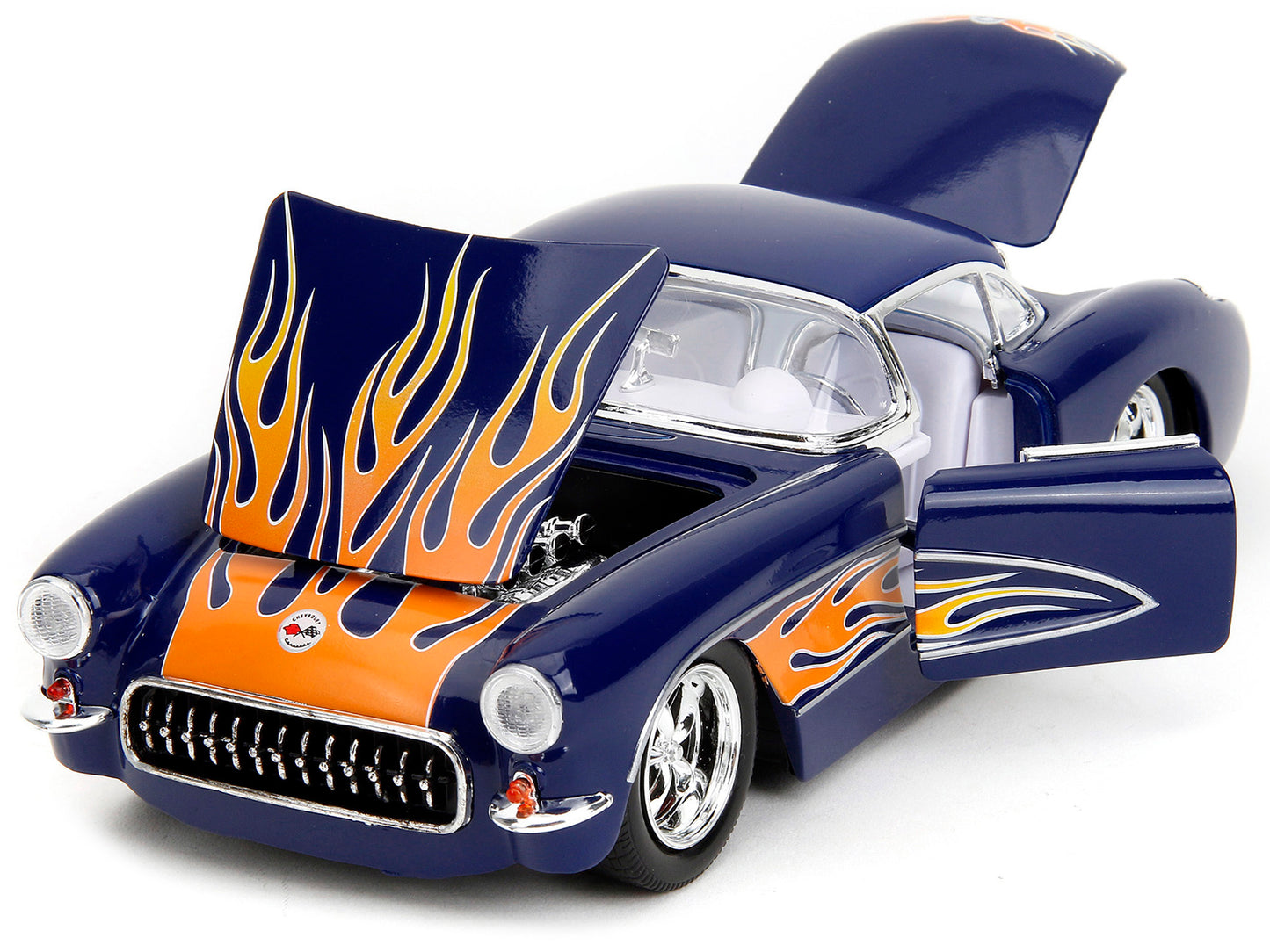 1957 Chevrolet Corvette Dark Blue with Flame Graphics and White