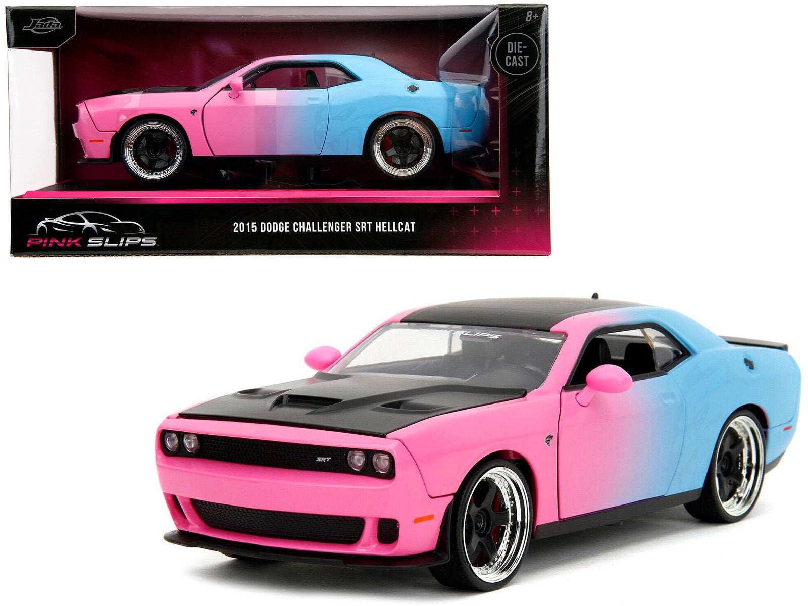 2015 Dodge Challenger SRT Hellcat Pink and Blue Gradient with Matt Black Hood and Top "Pink Slips" Series 1/24 Diecast Model Car by Jada free shipping USA