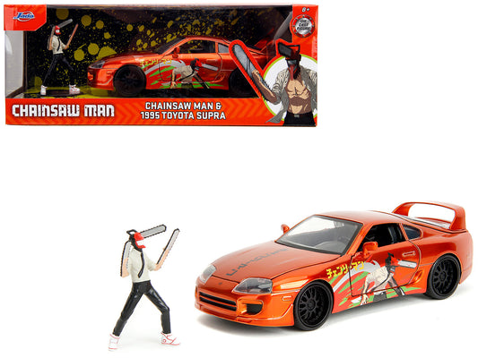 1995 Toyota Supra Orange Metallic with Graphics and Chainsaw Man Diecast Figure "Chainsaw Man" (2022) TV Series "Anime Hollywood Rides" Series 1/24 Diecast Model by Jada
