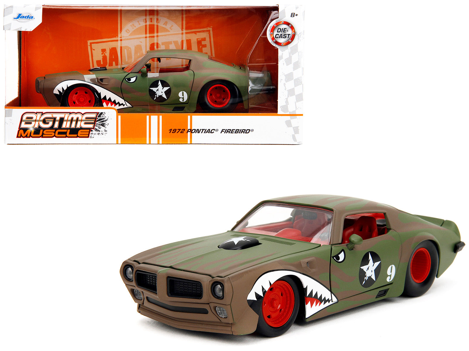 1972 Pontiac Firebird #9 Green Camouflage Flames with Graphics and Red Interior "Bigtime Muscle" Series 1/24 Diecast Model Car by Jada free shipping USA
