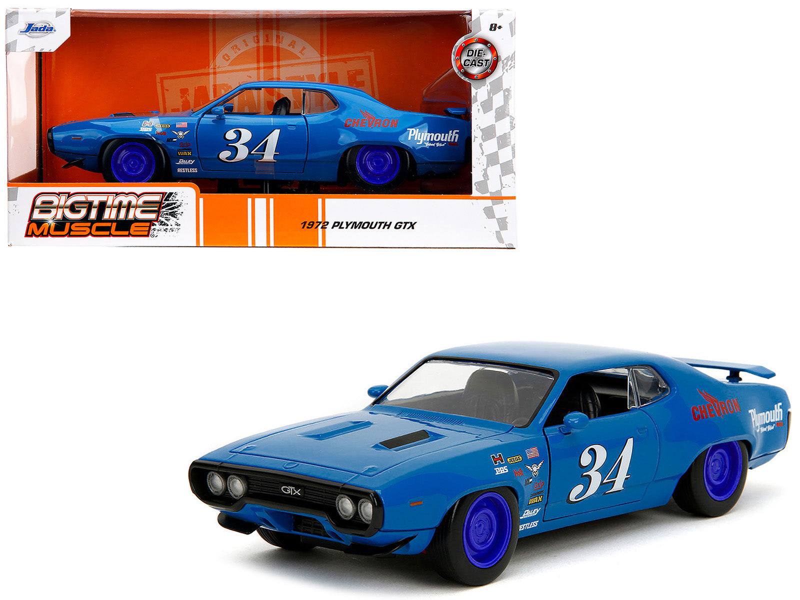 1972 Plymouth GTX #34 Blue with Graphics "Bigtime Muscle" Series 1/24 Diecast Model Car by Jada free shipping USA