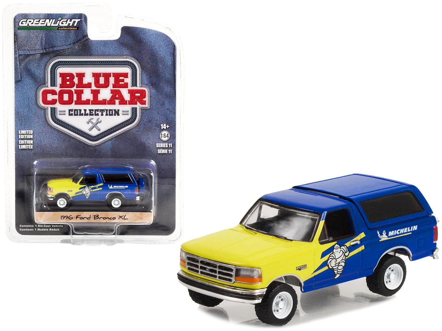 1996 Ford Bronco XL Blue and Yellow "Michelin Tires" "Blue Collar - Premium Ford Models from Greenlight - Just $26.09! Shop now at Rapidvehicles