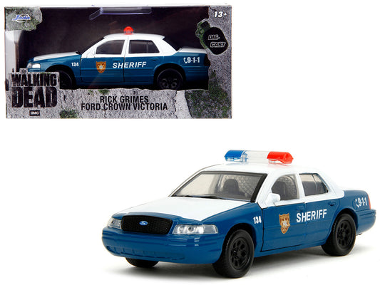 Rick Grimes' Ford Crown Victoria "Sheriff" Blue and White "The Walking Dead" (2010-2022) TV Series "Hollywood Rides" Series 1/32 Diecast Model Car by Jada free shipping USA