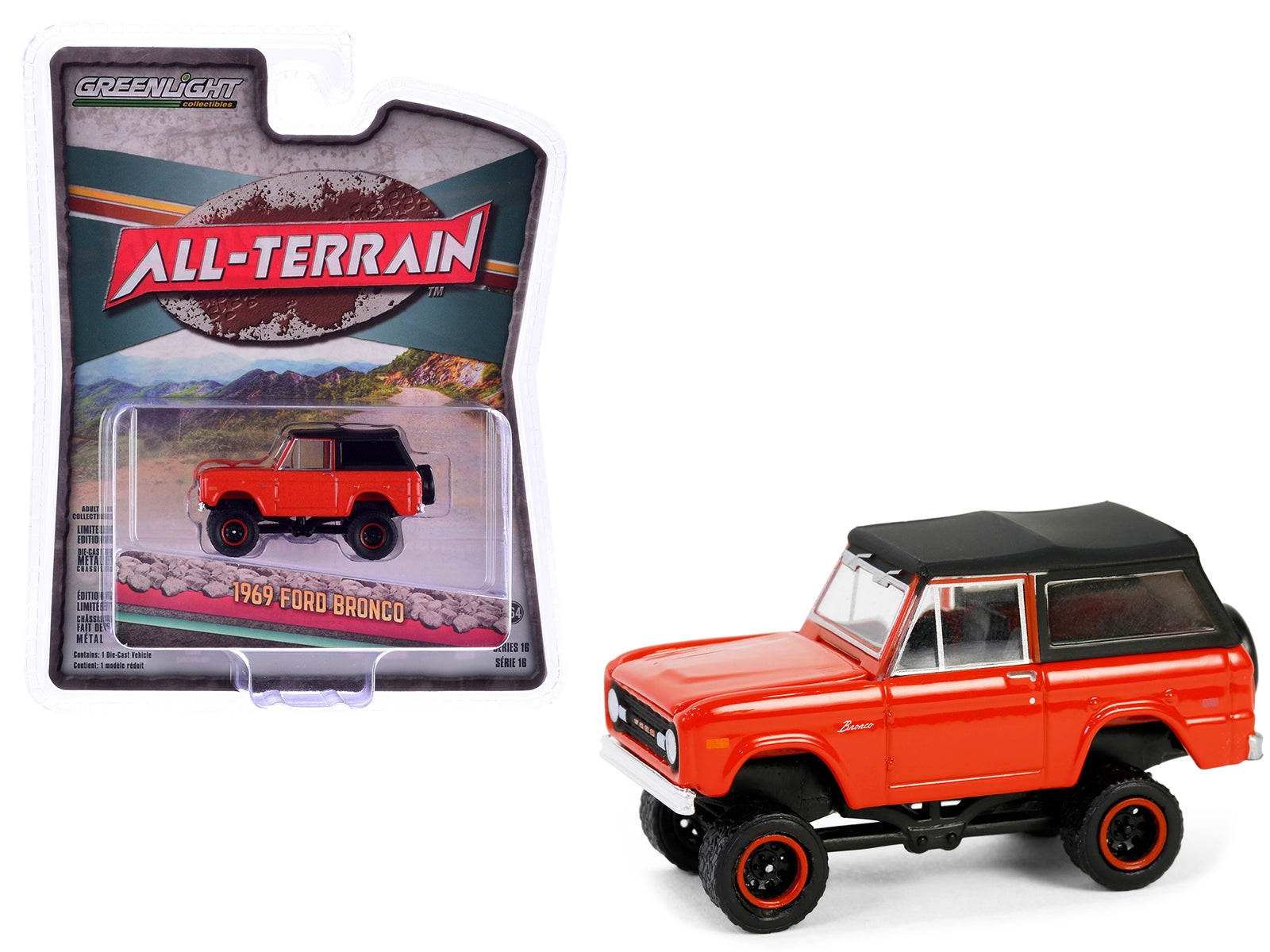 1969 Ford Bronco Poppy Red with Black Soft Top "All Terrain" Series 16 1/64 Diecast Model Car by Greenlight - Premium Ford Models from Greenlight - Just $23.45! Shop now at Rapidvehicles