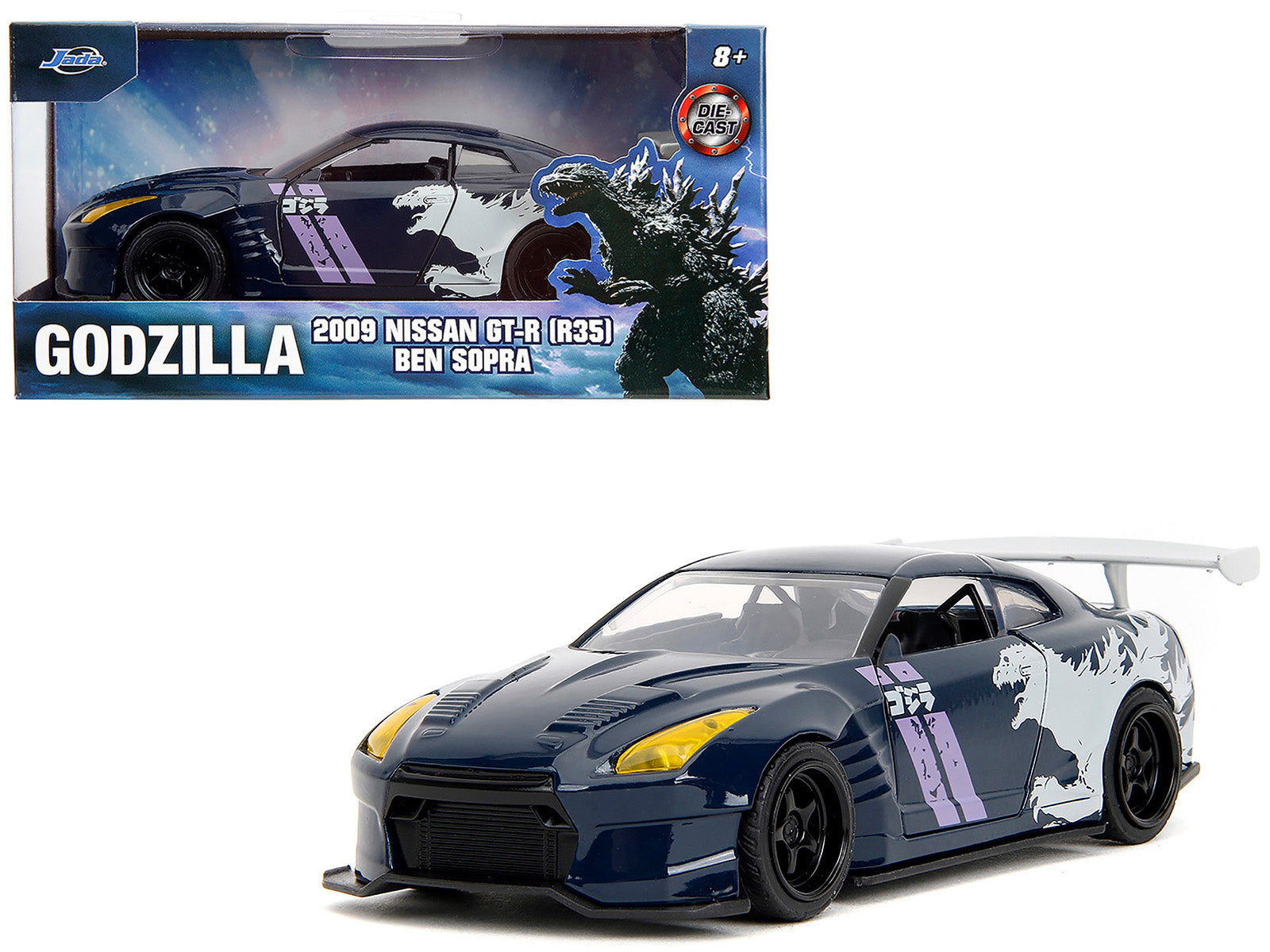 2009 Nissan GT-R (R35) Ben Sopra Dark Blue with Graphics "Godzilla" "Hollywood Rides" Series 1/32 Diecast Model Car by Jada free shipping USA