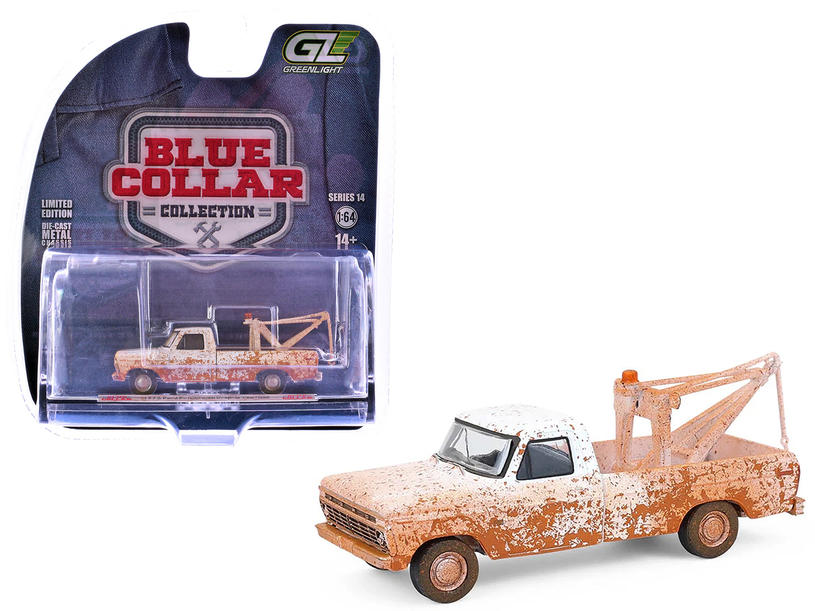 1973 Ford F-100 Tow Truck White (Weathered) "Blue Collar Collection" Series 14 1/64 Diecast Model Car by Greenlight free shipping USA