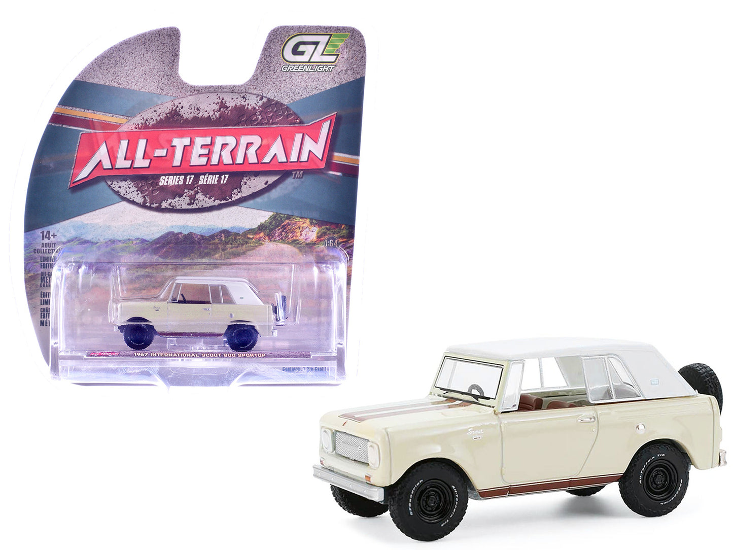 1967 International Scout 800 Sportop Cream with Brown Stripes and White Top "All Terrain" Series 17 1/64 Diecast Model Car by Greenlight