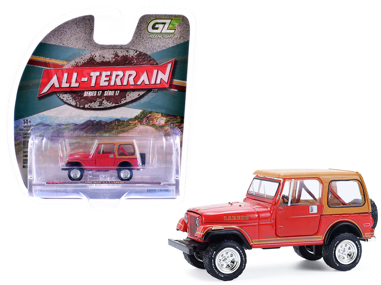 1980 Jeep CJ-7 Laredo Red with Tan Top "All Terrain" Series 17 1/64 Diecast Model Car by Greenlight - Use code SHOPAPP15 to get 15 percent off
