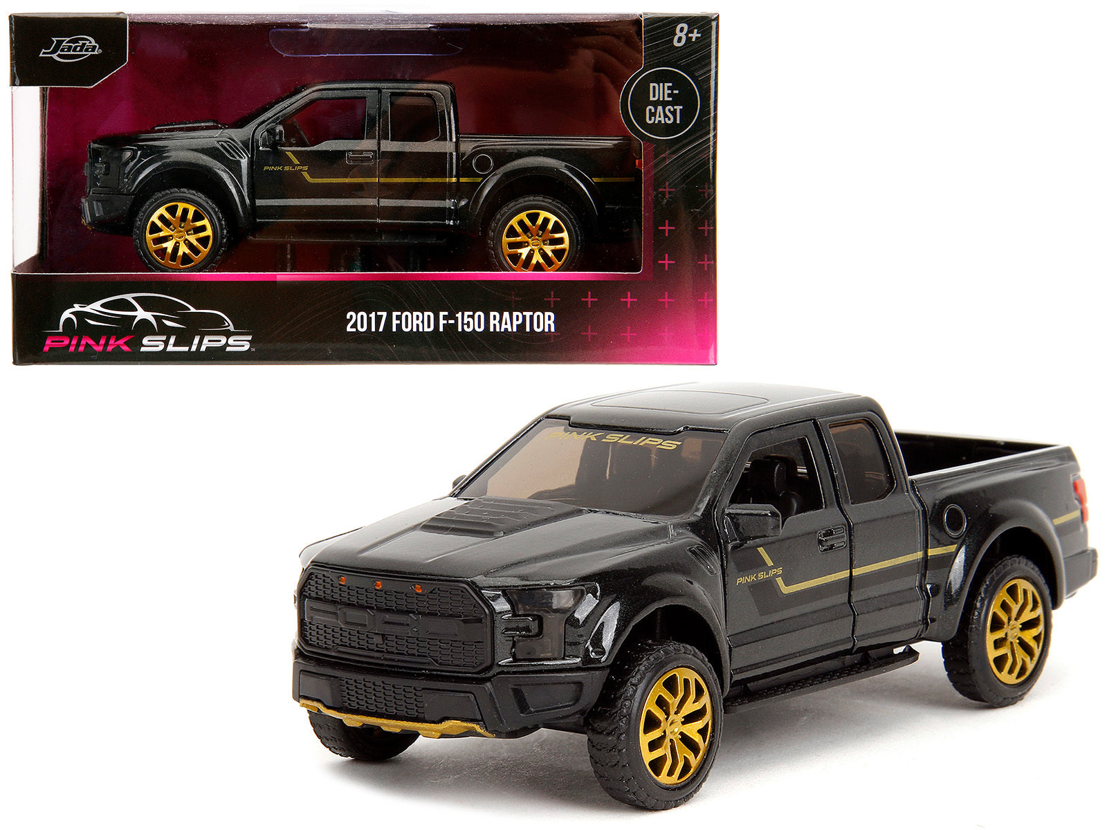 2017 Ford F-150 Raptor Pickup Truck Black Metallic with Gold Stripes "Pink Slips" Series 1/32 Diecast Model Car by Jada - Premium Pickup Trucks Models from Jada - Just $26.68! Shop now at Rapidvehicles