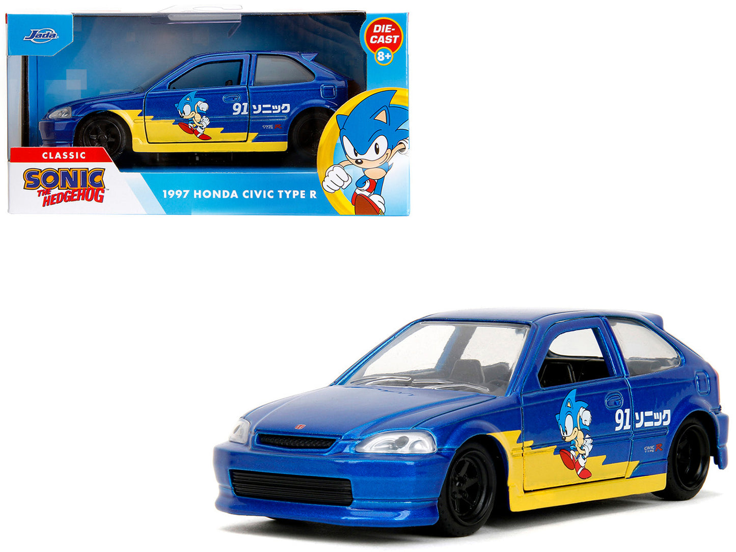 1997 Honda Civic Type R Blue Metallic with Graphics "Sonic the Hedgehog" (1991) Video Game "Hollywood Rides" Series 1/32 Diecast Model Car by Jada - Use code SHOPAPP15 to get 15 percent off