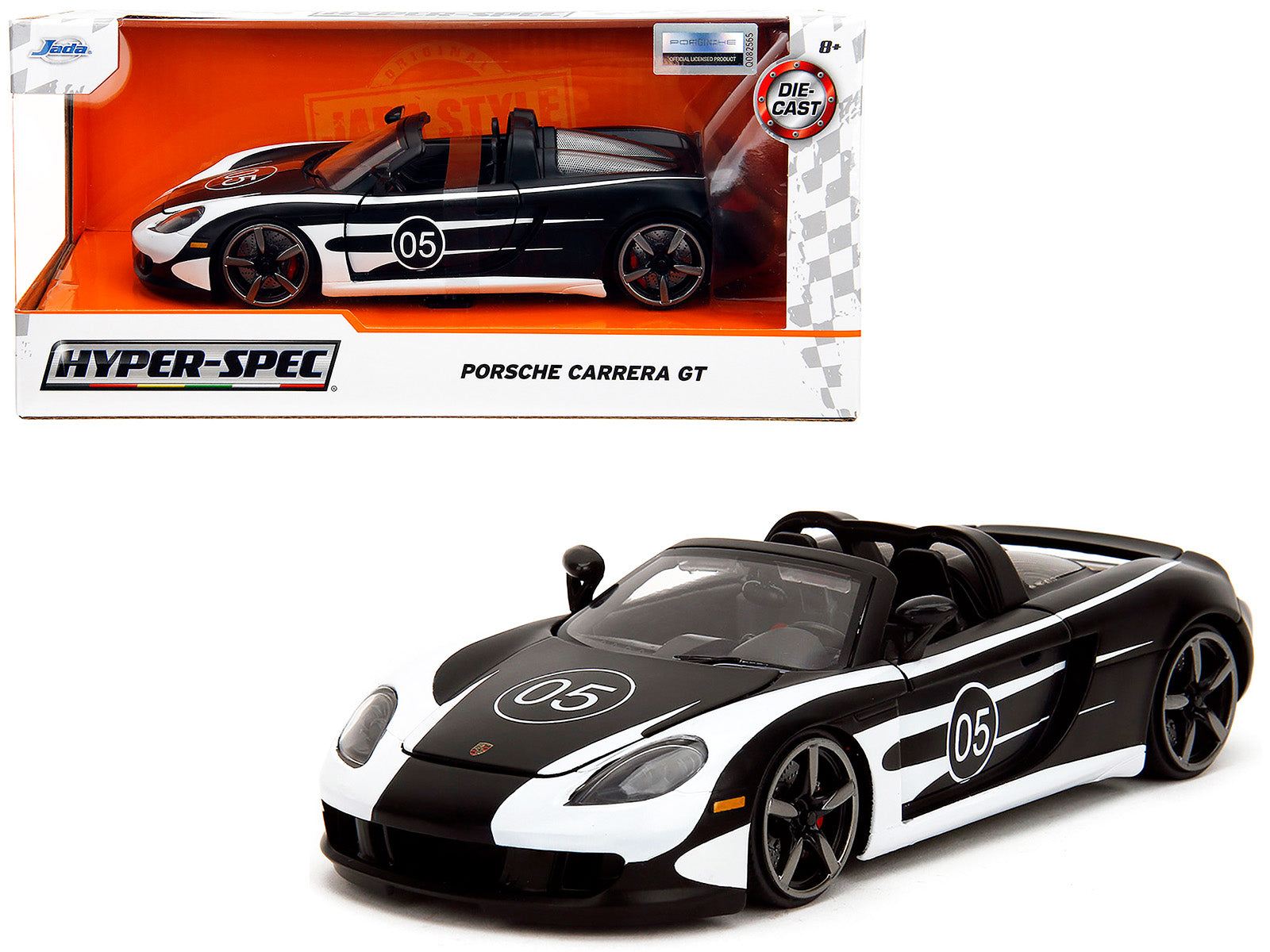 Porsche Carrera GT Convertible #05 Black with White Graphics "Hyper-Spec" Series 1/24 Diecast Model Car by Jada free shipping USA