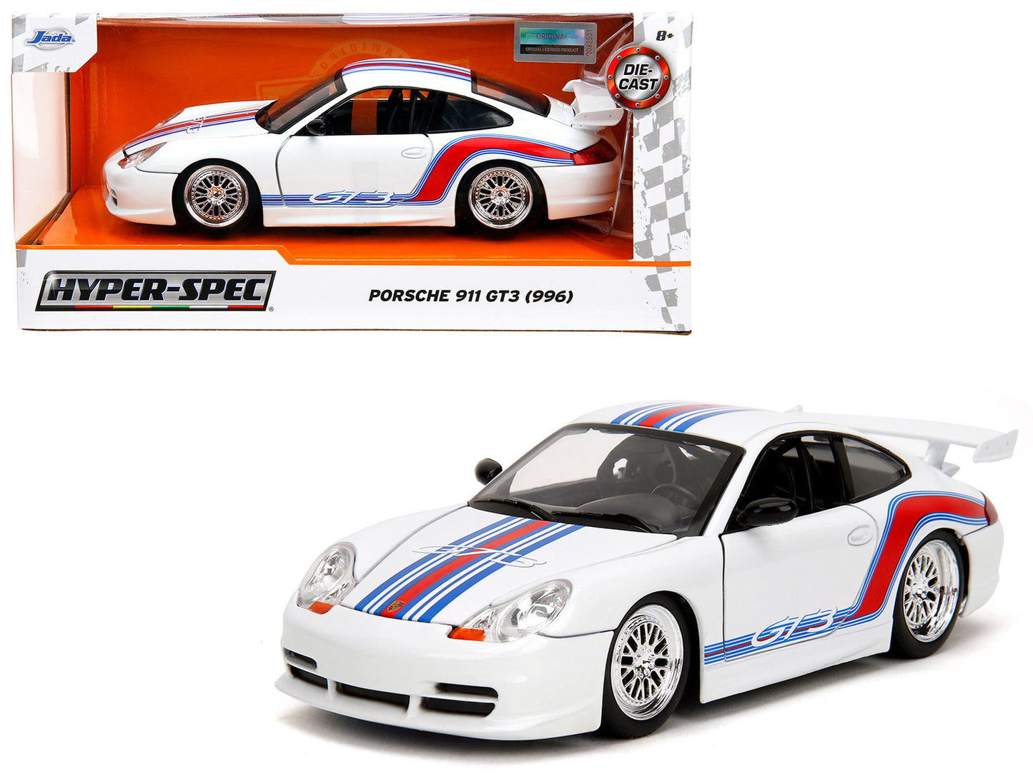 Porsche 911 GT3 (996) White with Red and Blue Stripes - Premium Porsche Models from Jada - Just $62.09! Shop now at Rapidvehicles