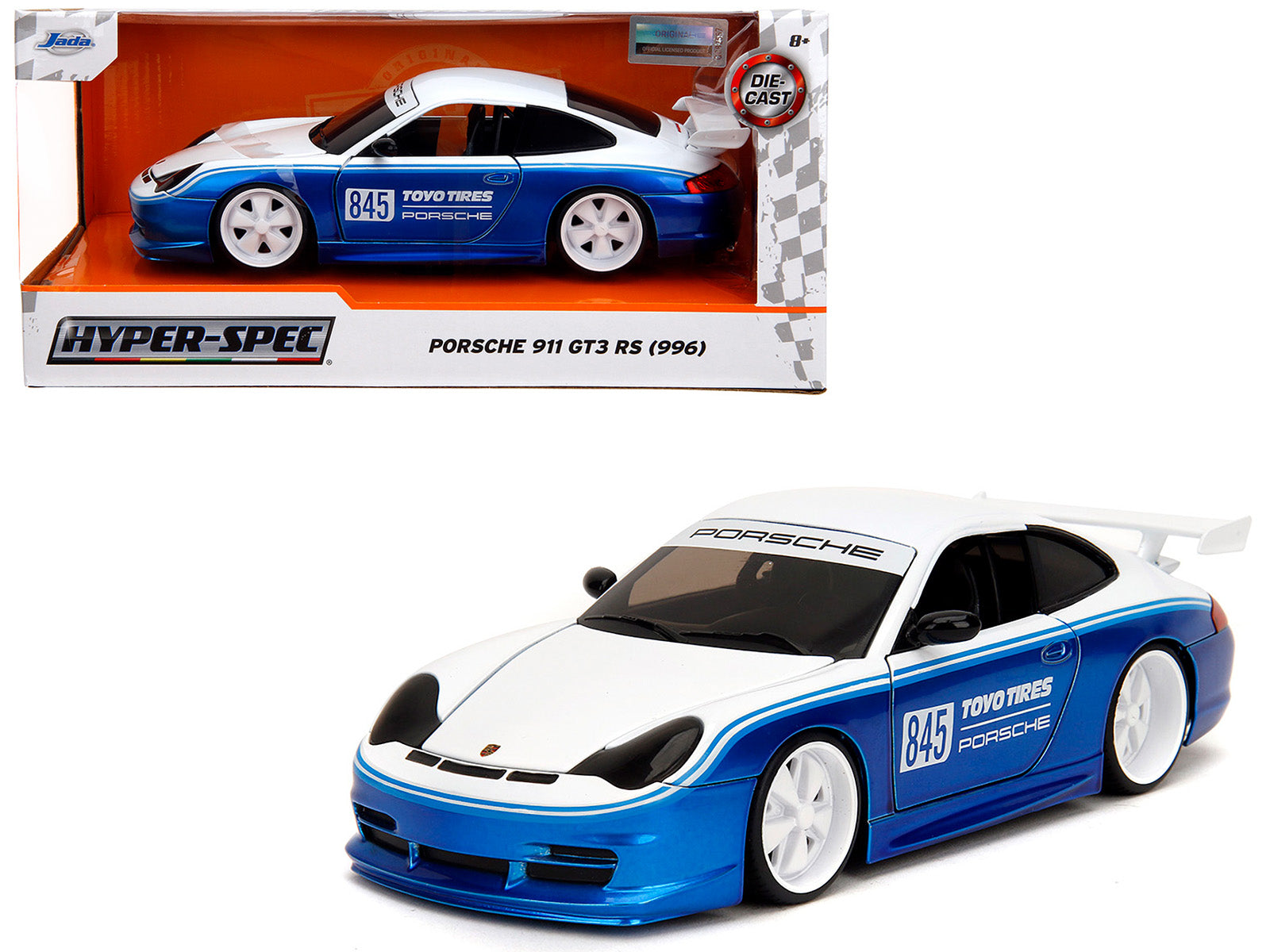 Porsche 911 GT3 RS (996) #845 White and Blue Metallic "Toyo Tires" "Hyper-Spec" Series 1/24 Diecast Model Car by Jada free shipping USA