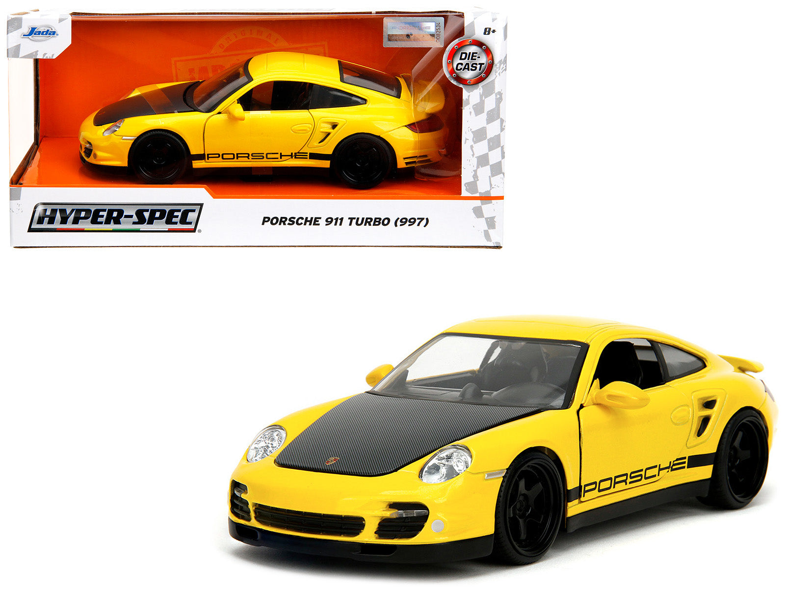 Porsche 911 Turbo (997) Yellow with Carbon Hood "Hyper-Spec" Series 1/24 Diecast Model Car by Jada free shipping USA