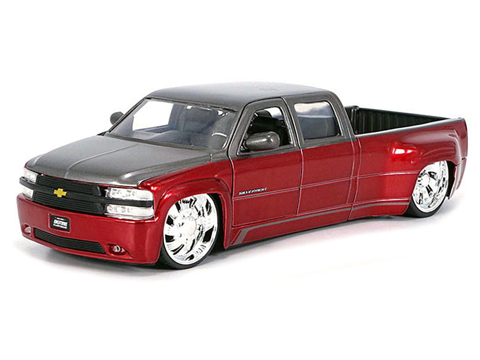 1999 Chevrolet Silverado Dually Pickup Truck Red Metallic and Gray with Custom KMC Wheels "Just Trucks" Series 1/24 Diecast Model Car by Jada - Premium Pickup Trucks Models from Jada - Just $57.18! Shop now at Rapidvehicles