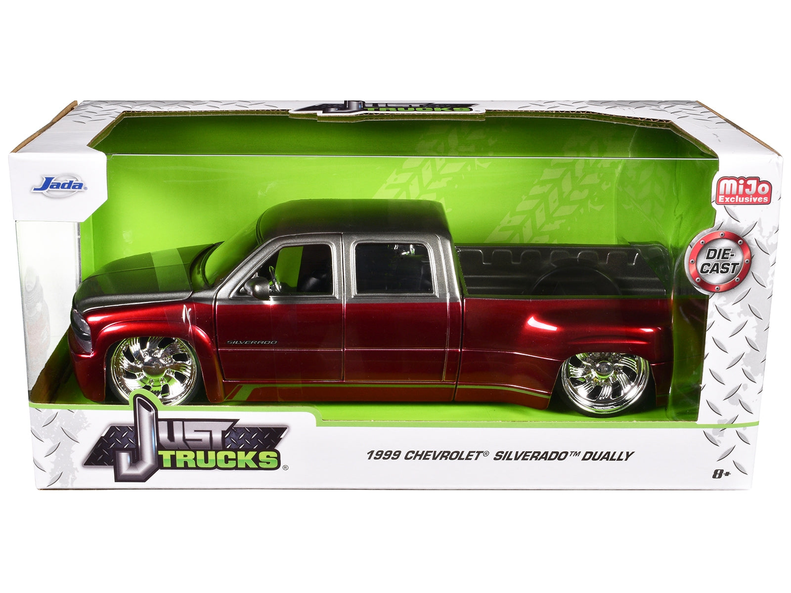 1999 Chevrolet Silverado Dually Pickup Truck Red Metallic and Gray with Custom KMC Wheels "Just Trucks" Series 1/24 Diecast Model Car by Jada - Premium Pickup Trucks Models from Jada - Just $57.18! Shop now at Rapidvehicles