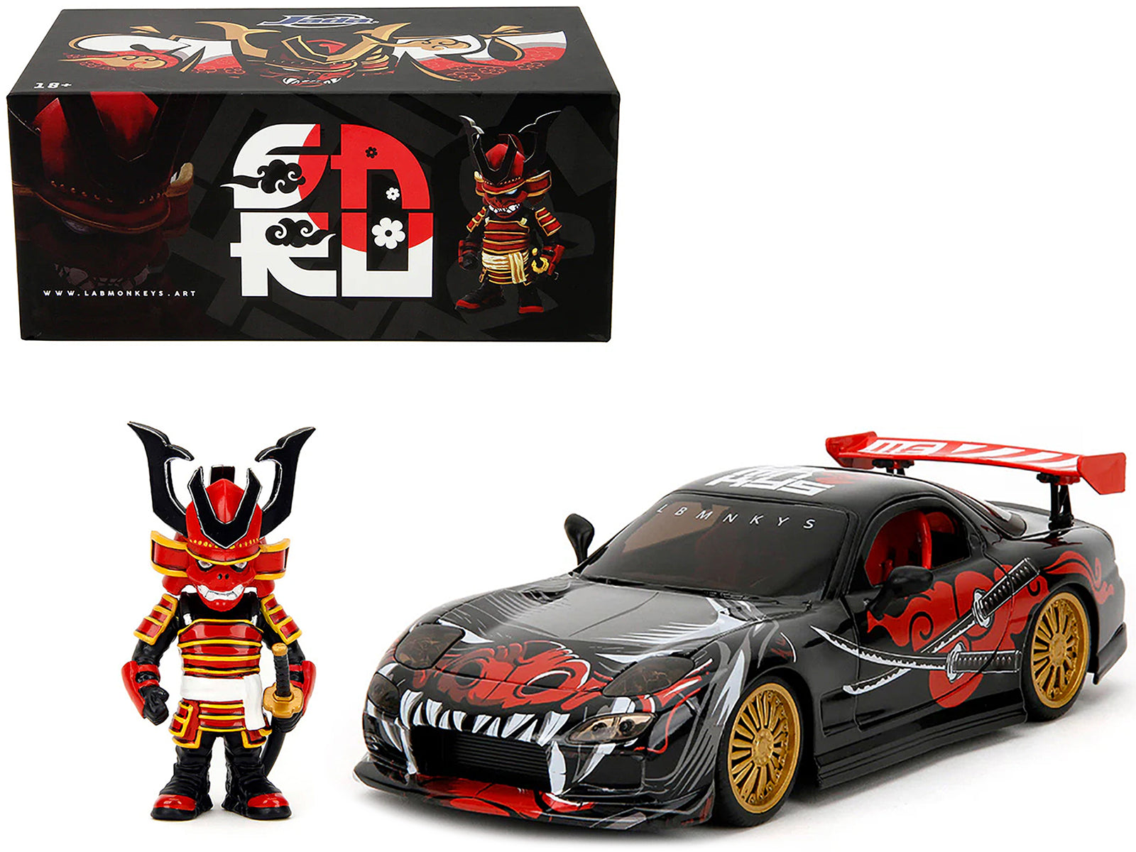 1993 Mazda RX-7 Black with Graphics "Lab Monkeys" with Saru Diecast Figure "Hollywood Rides" Series 1/24 Diecast Model Car by Jada free shipping USA