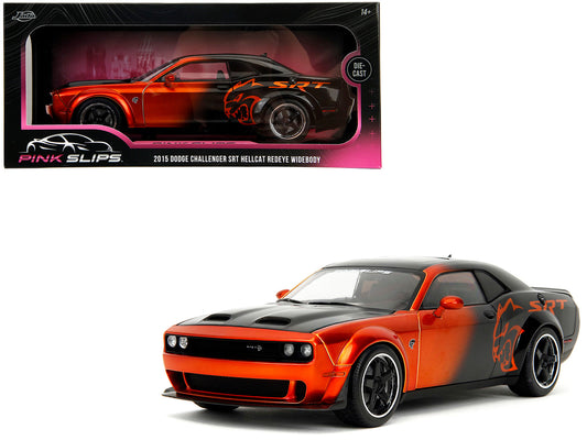 Dodge Challenger SRT Hellcat Orange Metallic and Black "Pink Slips" Series 1/18 Diecast Model Car by Jada - Use code SHOPAPP15 to get 15 percent off