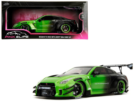Nissan GT-R (R35) Liberty Walk Body Kit 2.0 RHD (Right Hand Drive) Green and Matt Black "Pink Slips" Series 1/18 Diecast Model Car by Jada