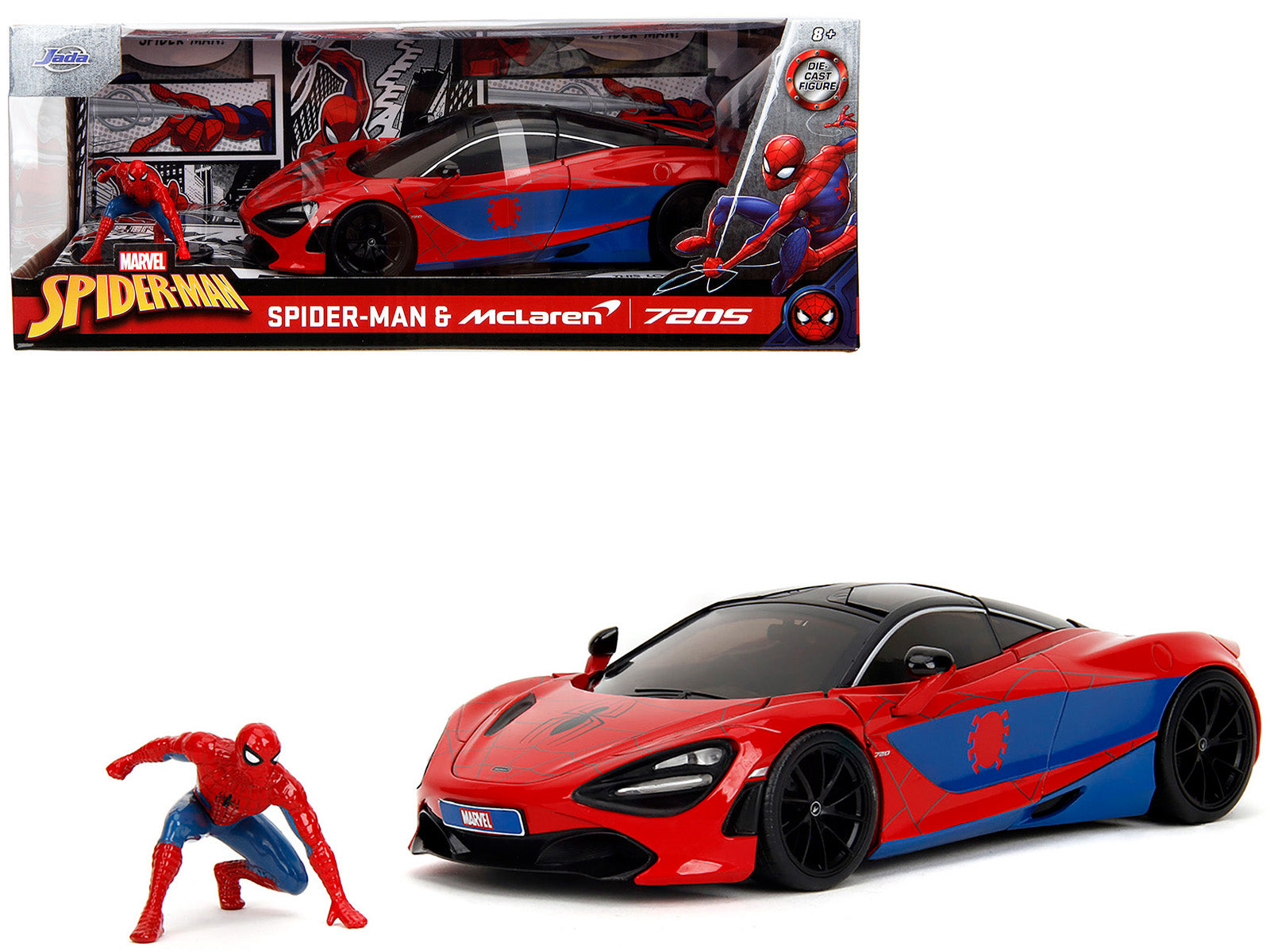 McLaren 720S Red and Blue with Black Top and Graphics and Spider-Man Diecast Figure "Marvel Spider-Man" "Hollywood Rides" Series 1/24 Diecast Model Car by Jada free shipping USA