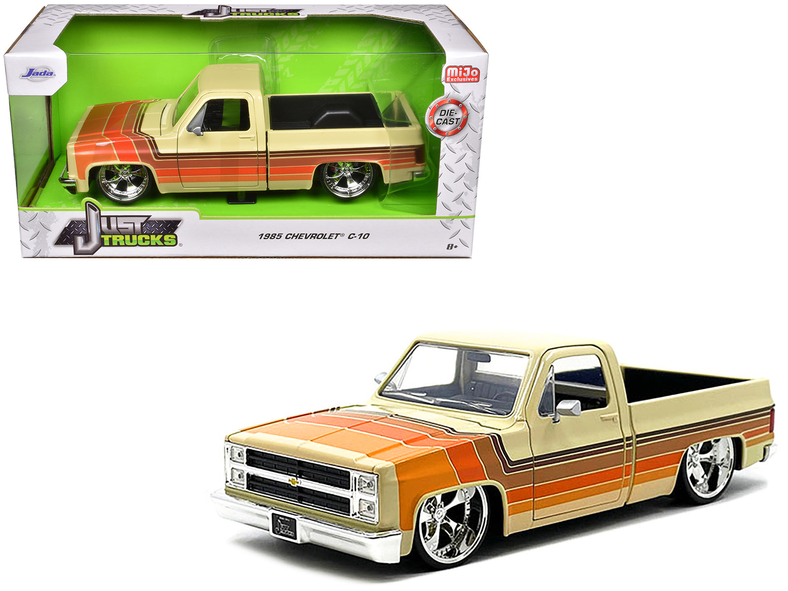 1985 Chevrolet C-10 Pickup Truck Beige with Stripes and Cartelli Wheels "Just Trucks" Series 1/24 Diecast Model Car by Jada free shipping USA