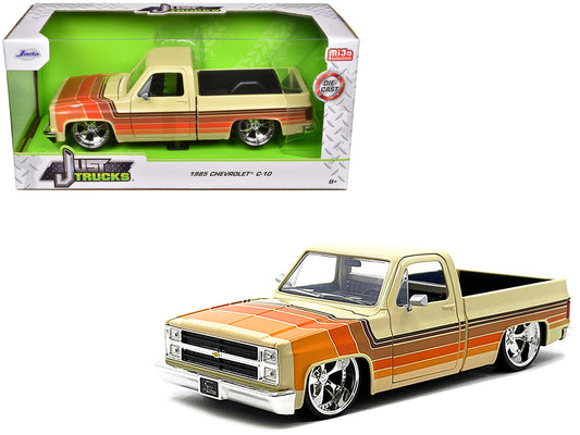 1985 Chevrolet C-10 Pickup Truck Beige with Stripes and Cartelli Wheels "Just Trucks" Series 1/24 Diecast Model Car by Jada free shipping USA