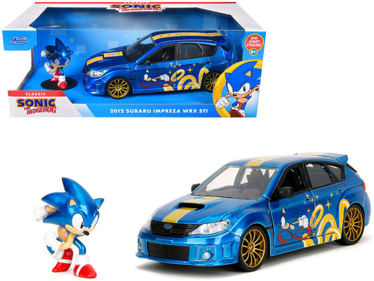 2012 Subaru Impreza WRX STI Blue Metallic with Graphics and Sonic The Hedgehog Diecast Figure "Sonic The Hedgehog" "Hollywood Rides" Series 1/24 Diecast Model Car by Jada free shipping USA