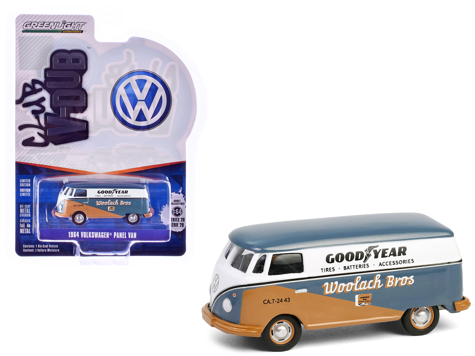 1964 Volkswagen Panel Van "Goodyear" Gray and White with Tan Graphics "Club Vee-Dub" Series 20 1/64 Diecast Model Car by Greenlight free shipping USA