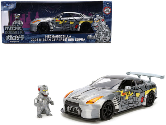 2009 Nissan GT-R (R35) Ben Sopra Brushed Metal with Black Top and Graphics and Mechagodzilla Diecast Figure "Godzilla" Franchise "Anime Hollywood Rides" Series 1/24 Diecast Model by Jada free shipping USA