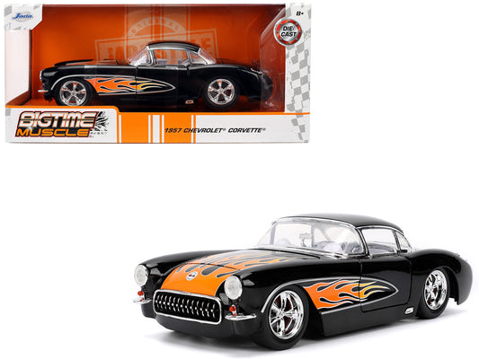 1957 Chevrolet Corvette Black with Flame Graphics and White Interior "Bigtime Muscle" Series 1/24 Diecast Model Car by Jada free shipping USA
