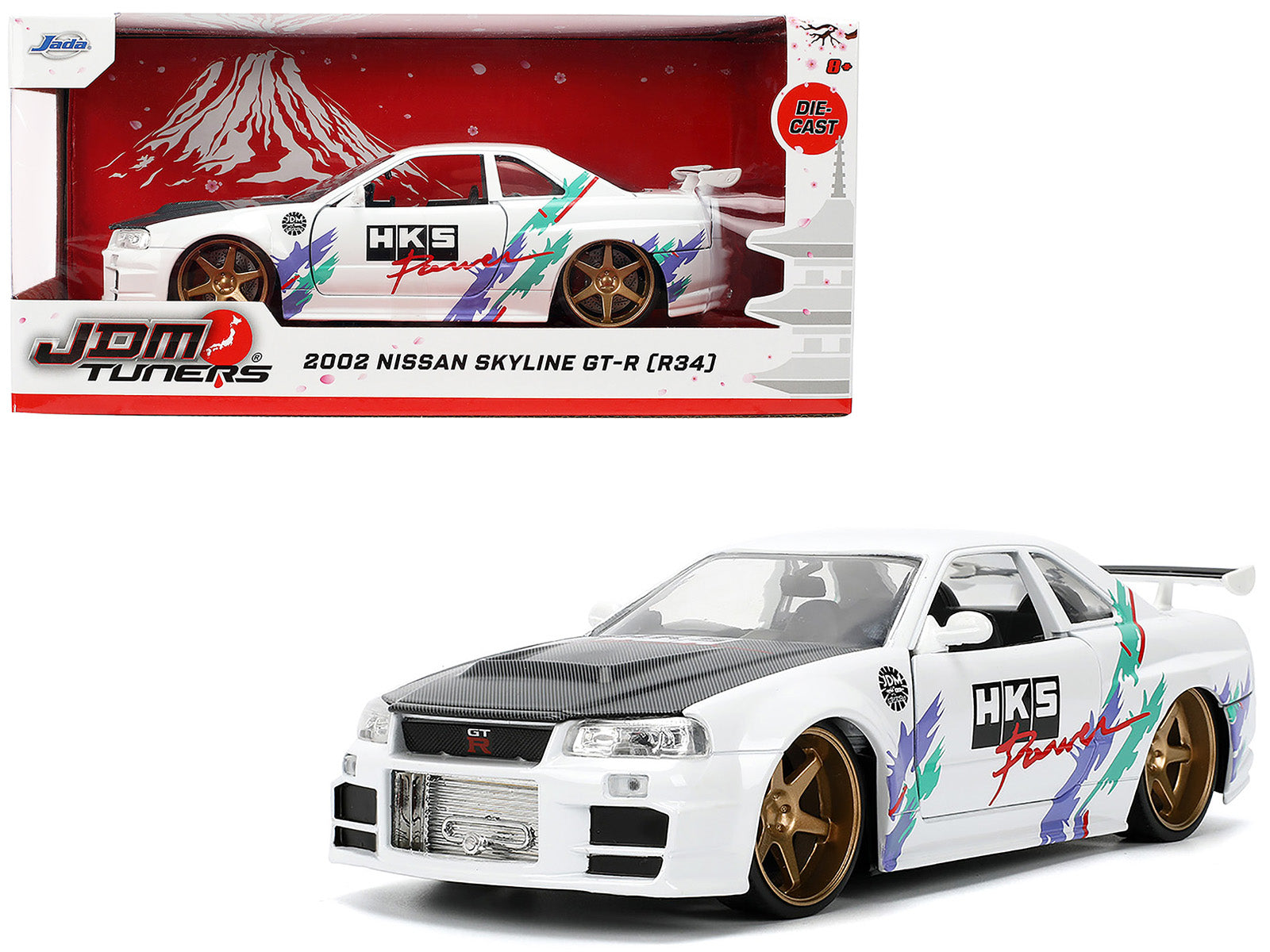 2002 Nissan Skyline GT-R (R34) RHD (Right Hand Drive) "HKS Power" White with Carbon Hood and Graphics "JDM Tuners" Series 1/24 Diecast Model Car by Jada free shipping USA