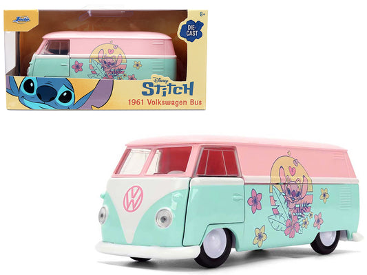 1961 Volkswagen Bus Pink and Blue with Graphics "Disney's Stitch" "Hollywood Rides" Series 1/32 Diecast Model Car by Jada - Use code SHOPAPP15 to get 15 percent off