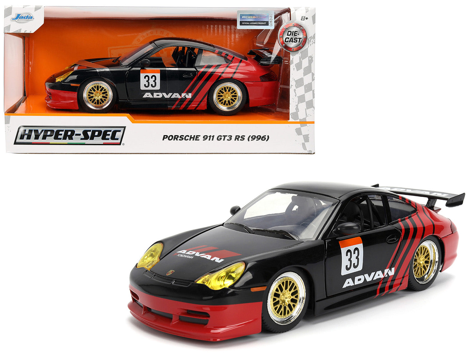 Porsche 911 GT3 RS (996) #33 "ADVAN" Black and Red "Hyper-Spec" Series 1/24 Diecast Model Car by Jada free shipping USA