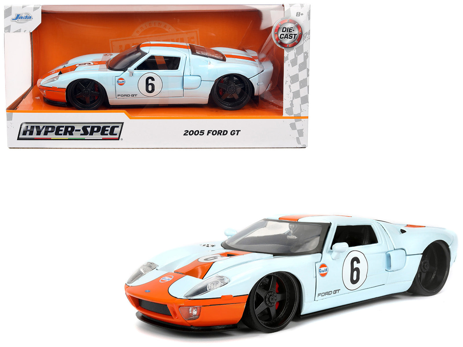 2005 Ford GT #6 "Gulf Oil" Light Blue with Orange Stripes "Hyper-Spec" Series 1/24 Diecast Model Car by Jada free shipping USA