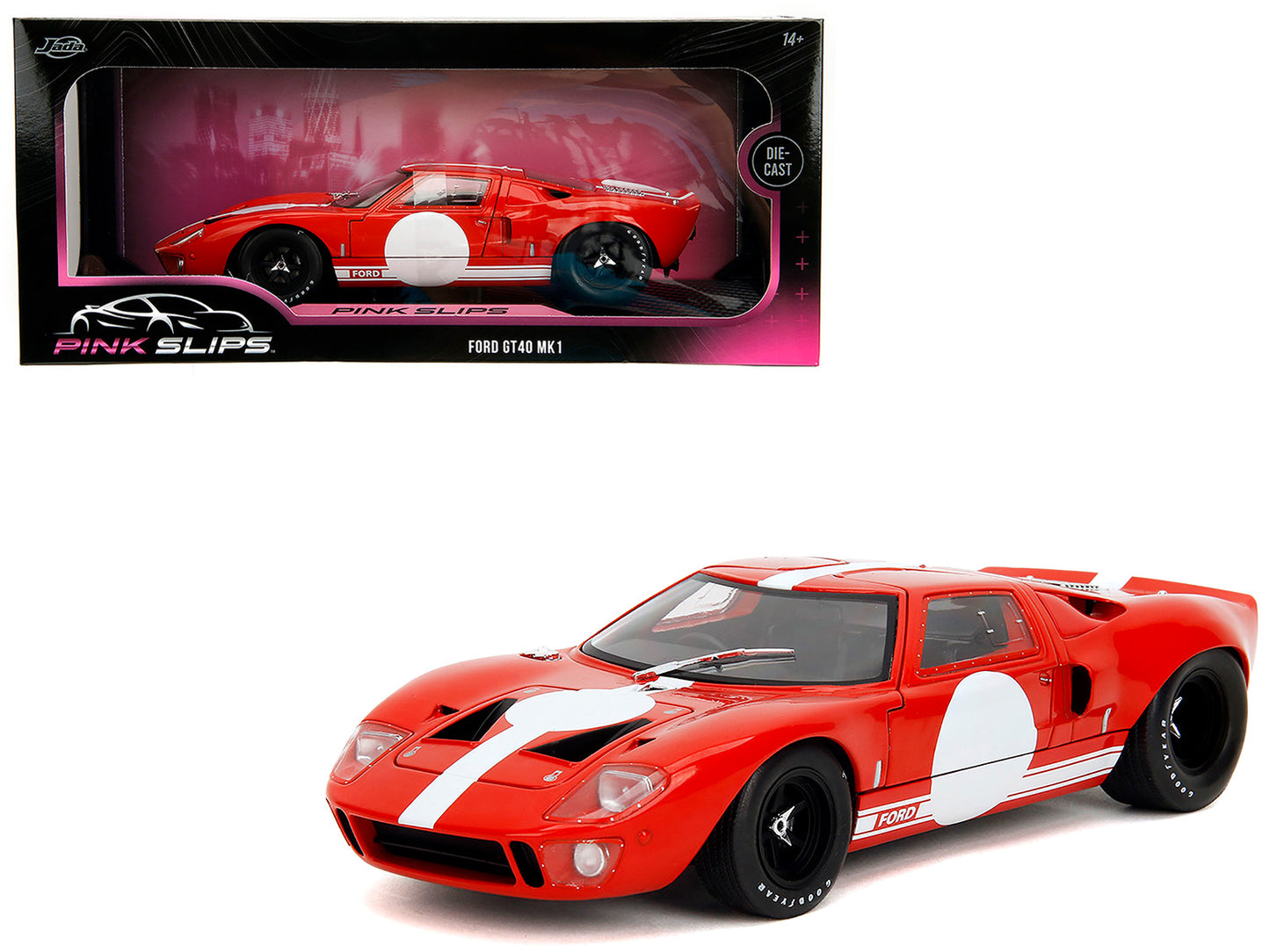 Ford GT40 MK1 Red with White Stripes and Graphics "Pink Slips" Series 1/18 Diecast Model Car by Jada