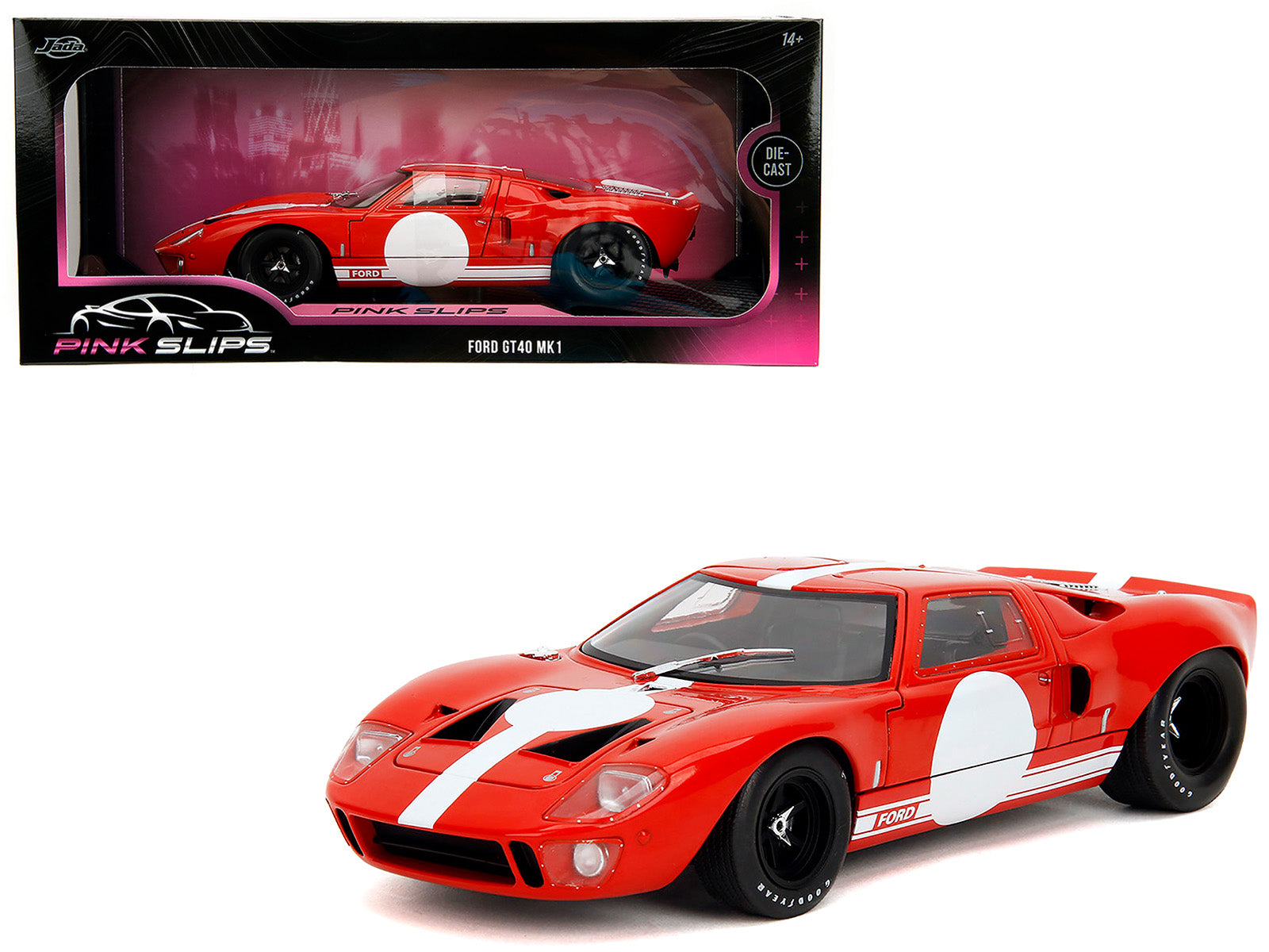 Ford GT40 MK1 Red with White Stripes and Graphics "Pink Slips" Series 1/18 Diecast Model Car by Jada free shipping USA
