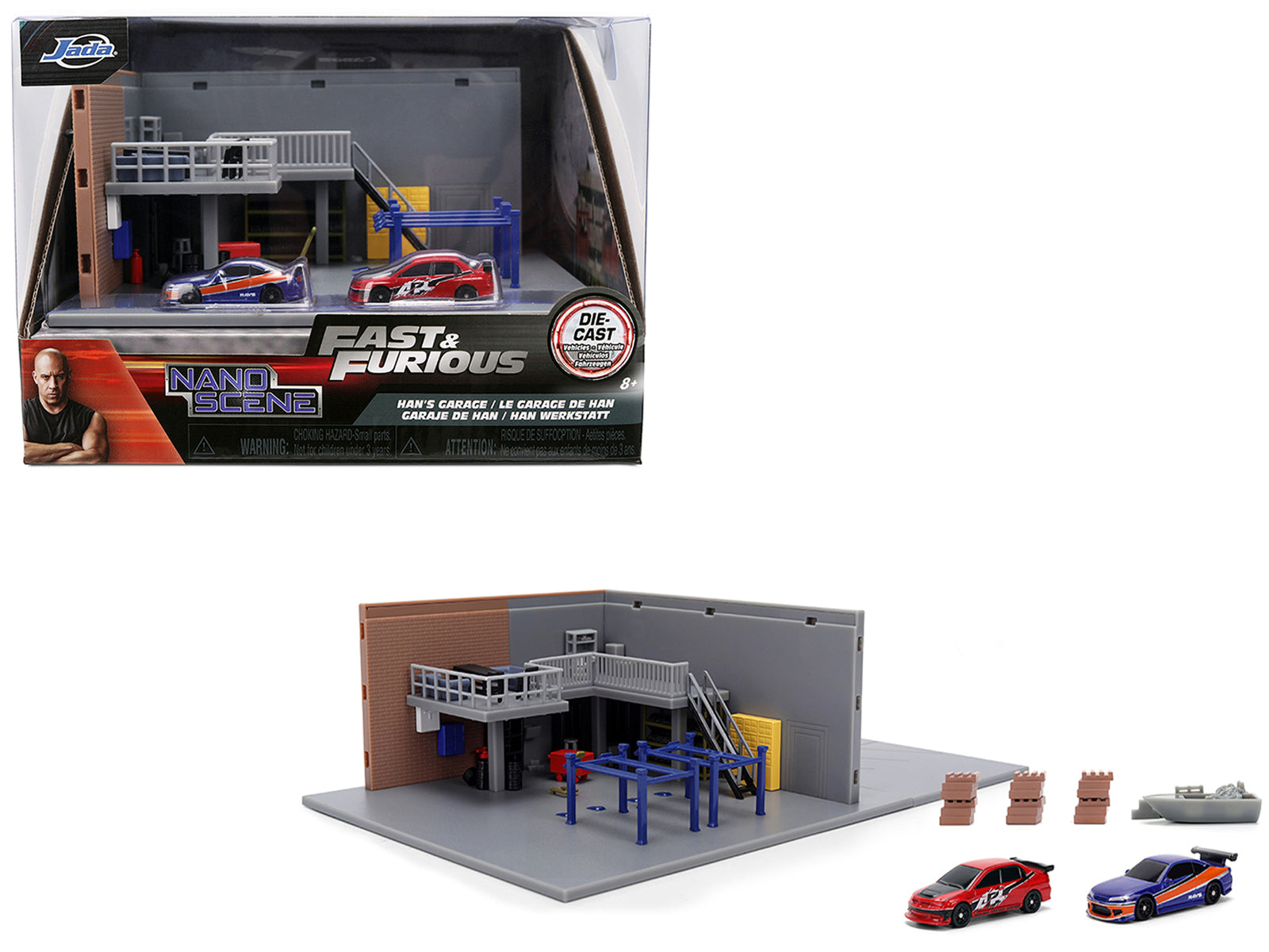 "Fast & Furious" Han's Garage Diorama with 2 Cars and Accessories "Nano Scene" Series 1/32 Model by Jada free shipping USA