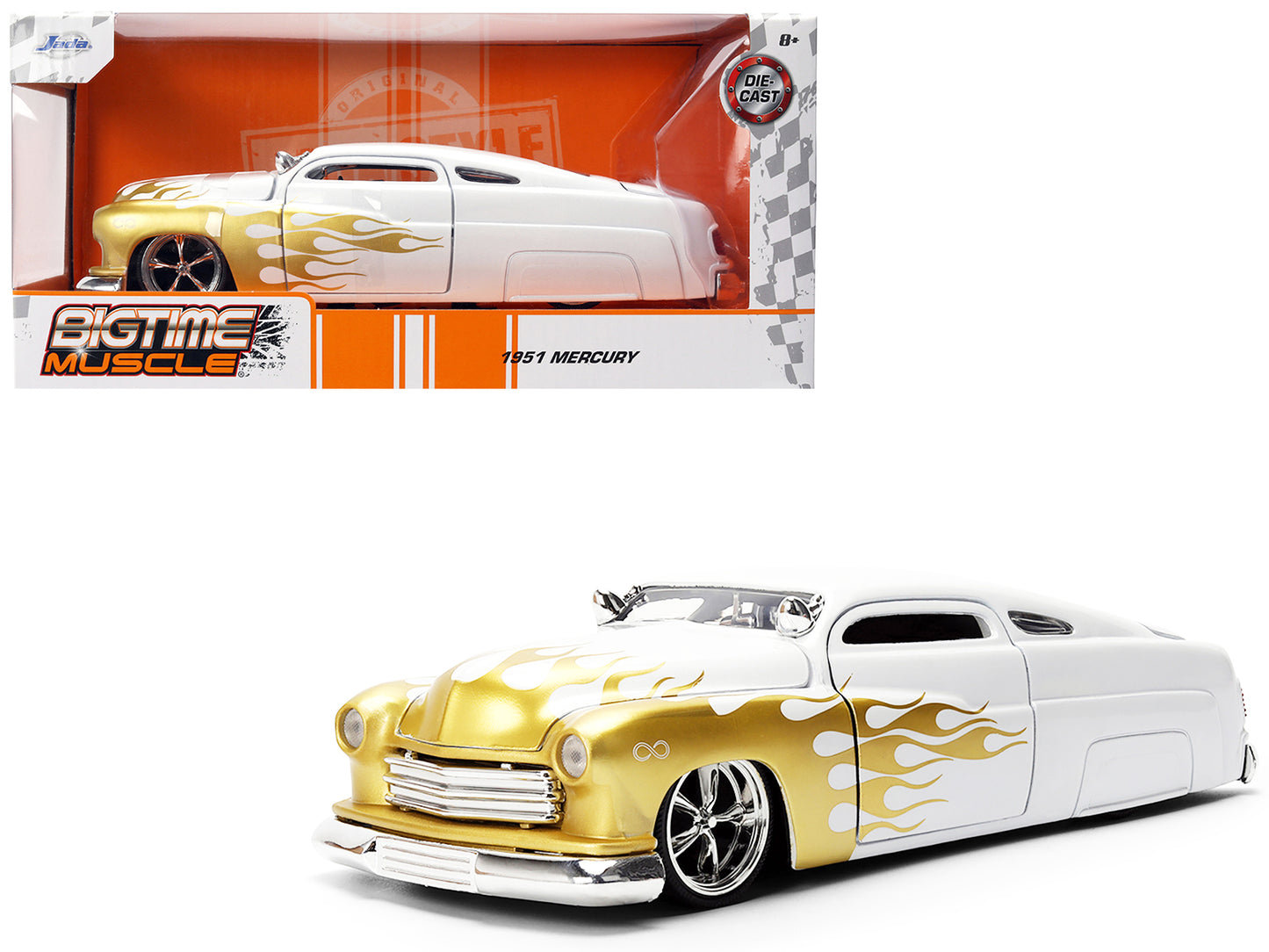 1951 Mercury Coupe White with Gold Flames "Bigtime Muscle" Series 1/24 Diecast Model Car by Jada